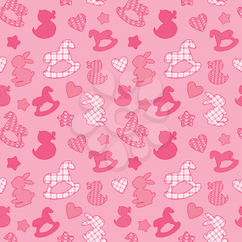 Seamless pattern with toys - horses, rabbits, hearts and stars. Newborn girl pink color background. Design for baby shower, card, invitation, etc.