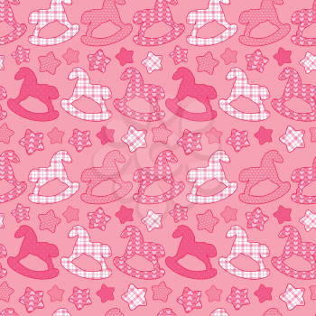 Seamless pattern with toys - horses and stars. Newborn girl pink color background. Design for baby shower, card, invitation, etc.