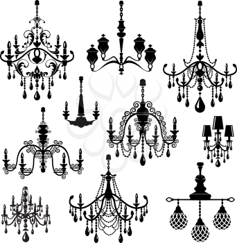 Set of Decorative elegant luxury vintage crystal chandelier icons, black silhouette luster isolated on white.