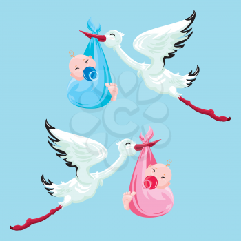Set of images. Stork with boy and girl. Elements for newborn or childbirth design, card, invitation, shower, etc.