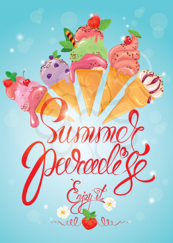 Greeting card with ice cream cones on blue background. Calligraphic handdrawn text Summer Paradise, Enjoy it. Seasonal summer, vacations or travel design.