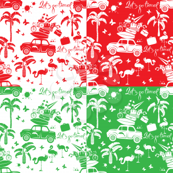 Set of seamless patterns with small retro travel car, luggage, palm trees, flamingo, text Lets go travel. Red, green and white color backgrounds. Element for summer greeting, posters
