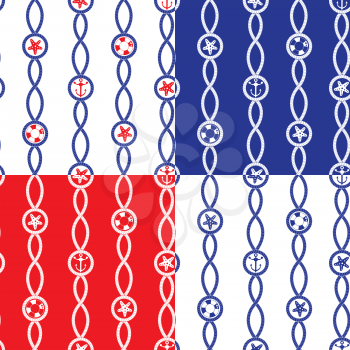 Set of Seamless nautical patterns on blue, red, white backgrounds with rope loop, sea stars, anchors, lifebuoy. Marine design for summer season, vacation, travel. Fabric print. Repeating wallpaper.
