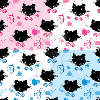 Seamless pattern with black cat heads and blots in grunge style. Calligraphic word cats. Childish design for boys and girls on blue and pink backgrounds. Fabric print. Repeating wallpaper.