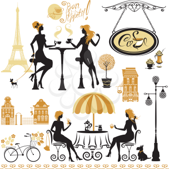 Set of girls silhouettes, Illustration of two young women drinking coffee and chatting on Paris street cafe. Elements for restaurant, bar menu design.