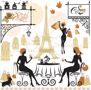 Set of girls silhouettes, Illustration of two young women drinking coffee after a day of shopping in Paris. Elements for cafe, restaurant, bar menu design.