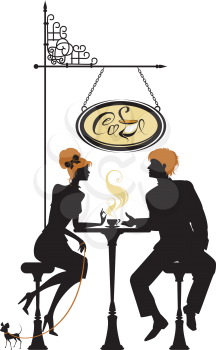 People silhouettes, love image, Illustration of couple young woman and man drinking coffee and chatting on street cafe. Elements for restaurant, bar menu design.