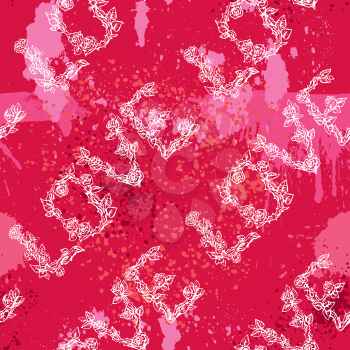 Seamless pattern with brush strokes, splashes and scribbles and word LOVE in hand drawn style with roses flowers. Valentines Day Background. Grunge elements.