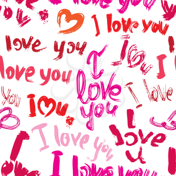 Seamless pattern with brush strokes and scribbles, hearts, words I love you in grunge style. Valentines Day Background.