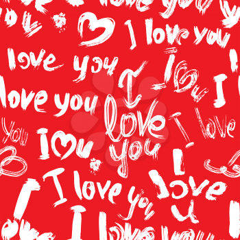 Seamless pattern with brush strokes and scribbles, hearts, words I love you in grunge style. Valentines Day Background.
