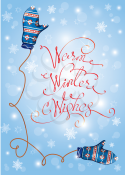 Greeting Merry Christmas and Happy New Year card with cute blue knitted mitten pair and snowflakes. Calligraphic Hand drawn text Warm Winter Wishes. Winter holidays design.