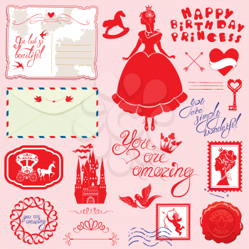Set of vintage postcards, post stamps, envelope, handwritten calligraphic text for girls. Happy Birthday design. Red silhouette of princess girl with accessories on pink background.