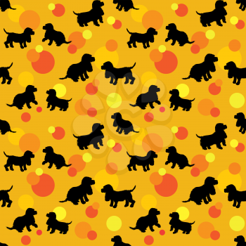 Seamless pattern with black dogs silhouettes puppy, spaniel breed and color circles on orange background. Animal design.