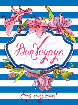Seasonal Card with rope frame and orchid flowers on paint stripe blue and white background. Calligraphic handwritten text Bon Voyage, Enjoy every moment.