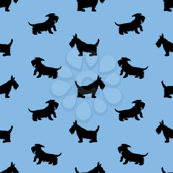 Seamless pattern with black dogs silhouettes, scotchterrier on blue background. Childish Animal design for boys.