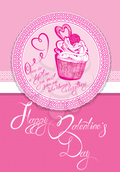 Holiday card with cute cupcake and round ornamental frame on pink background. Handwritten calligraphic text Happy Valentines Day, etc.