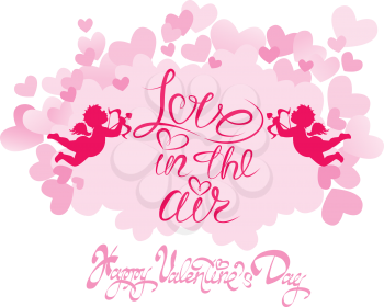 Holiday card with cute angels on hearts pink background. Hand written calligraphic text Happy Valentines Day, Love in the air. 