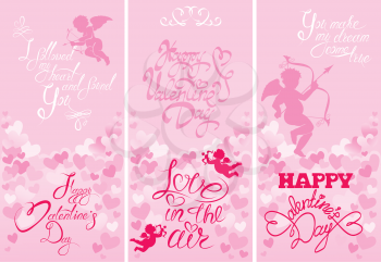 Set of 3 Holiday vertical banners with cute angels on hearts pink background. Hand written calligraphic text Happy Valentines Day, Love design.