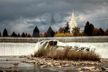 Idaho Falls in Springtime river cascading water morman church
