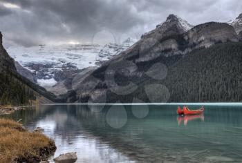 Lake Louise Glacier  canoe and emerald color