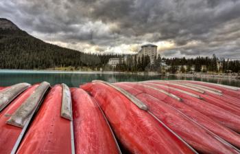 Lake Louise Glacier  canoe and emerald color