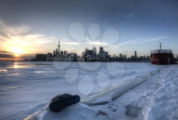 Toronto Ontario from Polson Pier in Winter at sunset