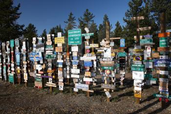 Sign posts forest in Watson Lake Yuko
