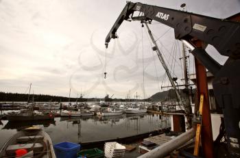 Crane and docked fishing boats at Port Edward, British Columbia