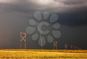 Lightning striking behind Saskatchewan power line