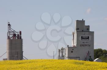 Prairie Grain Elevator with blue sky and crops Saskatchewan