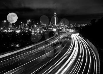 Full Moon Auckland City freeway lights north shore