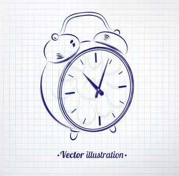 Alarm clock drawn on notebook checkered paper. Vector illustration. isolated.