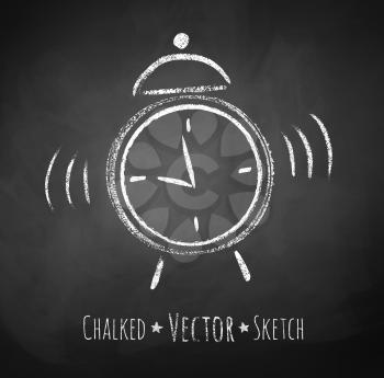 Chalkboard drawing of alarm clock. Vector illustration. Isolated.