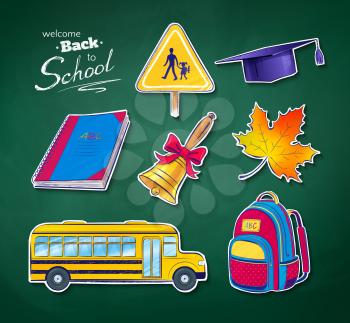 Back to school vector set with green chalkboard texture. Isolated.