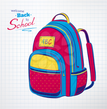 Hand drawn school bag on checkered notebook paper background. Vector illustration.