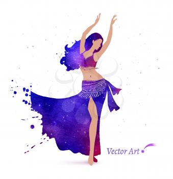 Belly dancer with space pattern on dress. Watercolor art. Vector illustration.