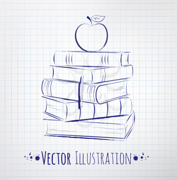 Apple on a pile of books. Vector illustration.