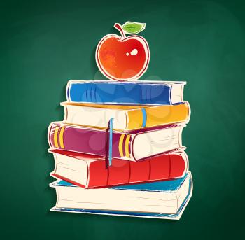 Sticker with pile of books and apple on green chalkboard background. Vector EPS 10. Isolated.