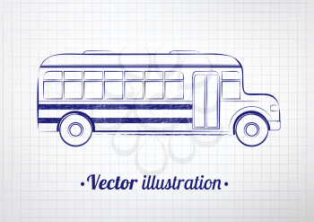 School bus drawn on notebook checkered paper. Vector illustration. isolated.