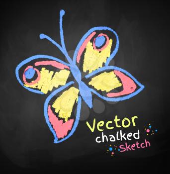 Chalked childlike drawing of butterfly. Vector illustration.