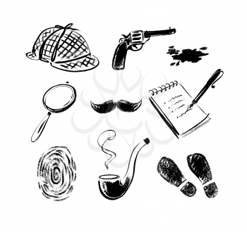 Detective sketch icons retro style vector set. Isolated.