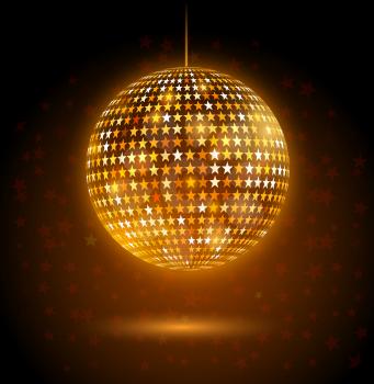 Golden glowing disco ball made of star shapes. Vector illustration.