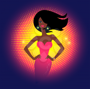 Girl on disco lights background . Vector illustration.