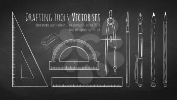 Chalkboard drawing of drafting tools. Vector set. Isolated.