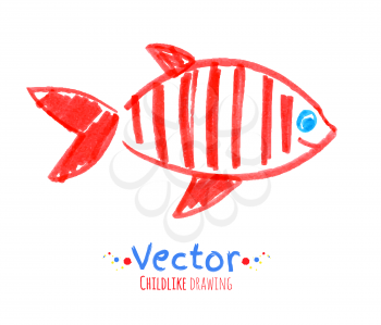 Felt pen childlike drawing of fish. Vector illustration. Isolated.