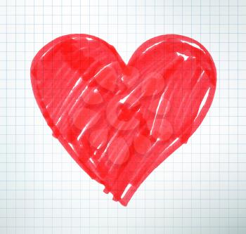 Felt pen drawing of Valentine heart on school notebook paper background. Vector illustration. Isolated.