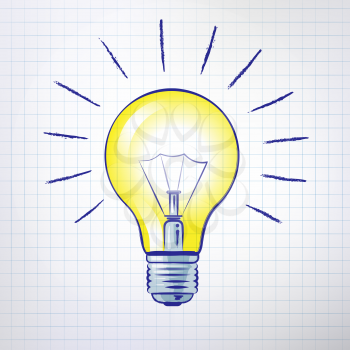Light bulb drawn on notebook checkered paper. Vector illustration. isolated.
