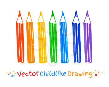 Childlike felt pen drawing of pencils. Vector illustration. Isolated.