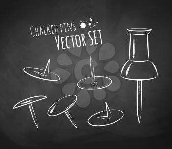 Chalkboard drawing of push pins. Vector set. Isolated.