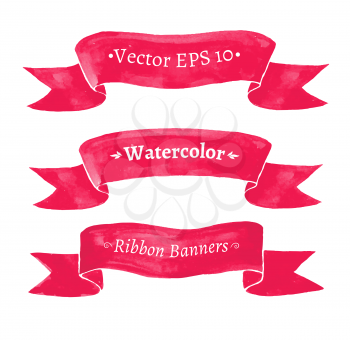 Watercolor set of red ribbon banners. Vector illustration. Isolated.